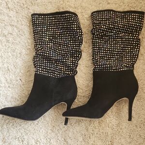 Black Rhinestone Slouch Heeled Boots
